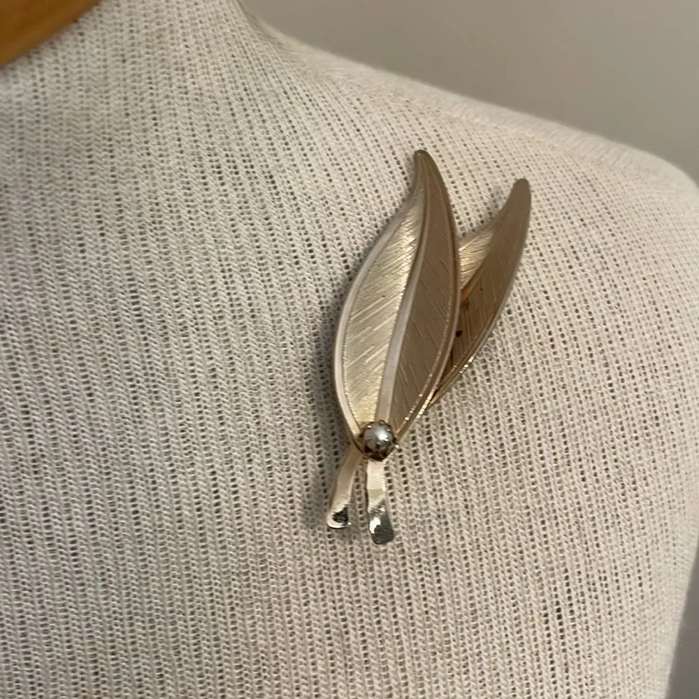 Vintage Double Leaf Gold-tone Pin with Faux Pearl Accent